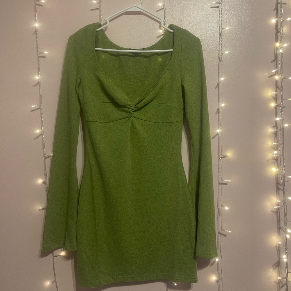 lime green twist front flounce sleeve bodycon dress
